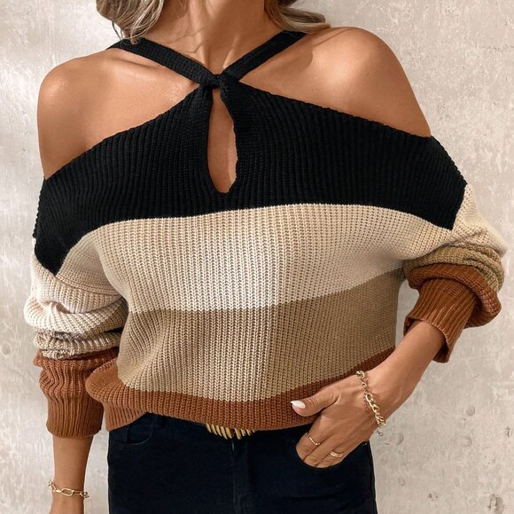 Multicolor Casual Women's Off Shoulder Striped Turtleneck Sweater - Picture 5 of 7